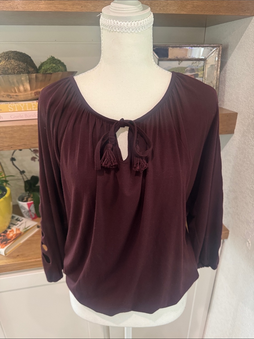 Deletta Burgundy Tassel Tie Long-Sleeve Blouse Size SM